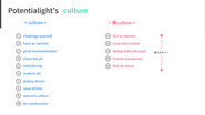 ポテンシャライトのCultureです。 当社は「Value」は理想の状態。「Culture」は今の状態として定義しています。左の10つのCultureは2021年4月に全社的に共有しており、当時のメンバー全員でボトムアップ式で策定をしております。その後、2023年の11月に組織改革に伴い、現在のメンバー全員で新しいカルチャーを追加しました。