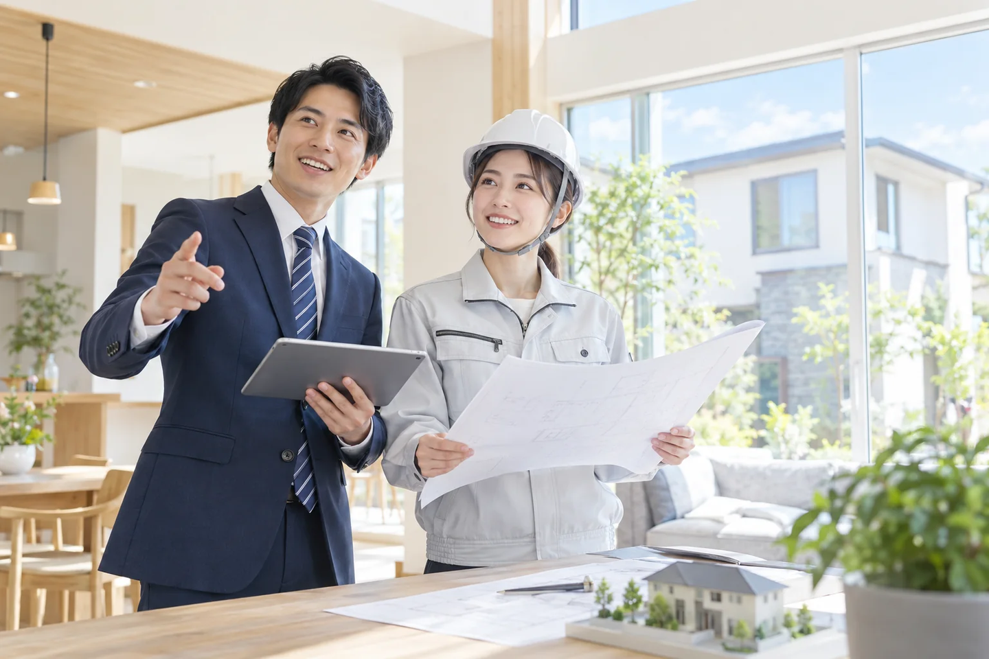 住宅営業と施工管理が図面を確認する仕事のイメージ