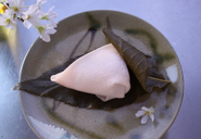 【秋色さくら餅】焼き皮で桜のつぼみの形をあらわしています。春の商品になぜ秋色なのか？それは手前どもの先祖に秋色女という女流俳人がいたことに因んでいるのです。詳しくは公式HPへ。