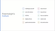ポテンシャライトのCultureです。 当社は「Value」は理想の状態。「Culture」は今の状態として定義しています。この10つのCultureは2021年4月に全社的に共有しており、当時のメンバー全員でボトムアップ式で策定をしております。