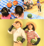 各園独自の食育の様子。保育士と栄養士が協力してスイカを使った食育～スイカ割りを楽しみました！