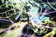 【追われるカラス、追うカラスも追われるカラス、そして衝突して咲いていく - Light in Space】四方と下方が全て映像に囲われた空間を、人々は自由に歩き回りながら鑑賞するインタラクティブデジタルインスタレーション作品です。