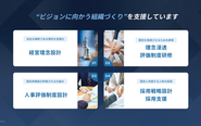 マイビジョンのサービス内容です。会社の上流部分に当たる理念設計から、それを日々の仕組みに落としていく評価制度設計、理念浸透研修、採用支援などを行っています。