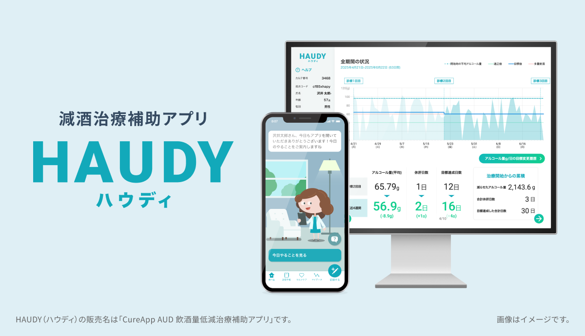 減酒治療補助アプリ「HAUDY（ハウディ）※1」を2025年9月1日に販売開始 ～アルコール依存症治療領域で国内初※2の公的医療保険適用（予定）～