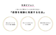 社会ビジョン「感動を報酬に発展する社会」。 私たちは、お金のような外から与えられる快楽を目的にするのではなく、みんなが自分の心の満足を目的に動いている社会を実現させるべく活動をしています。