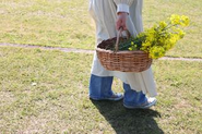 例えば）春は菜の花の黄色と空の水色のコントラストが美しい西都原古墳群。ナノハナの摘み取りを自由にできる日は、ハサミとバスケットを貸出し、ブーケにして持って帰れるサービスを始めました。これまでは、手間を省いて無料で勝手に摘んで帰るシステムでしたが、せっかくなら絵本のような体験として、アウトプットし直しました。
