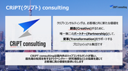 CRiPT（クリプト）コンサルティングの「CRiPT」とは、「Creative」、「Partnership」、「Transformation」からそれぞれ文字を取った造語で、お客様と共に新たな価値を創造（Creative）する唯一無二の事業パートナー（Partnership）として変革（Transformation）を支援する、という理念を表しています。