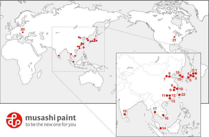 Global paint manufacturer with operations in 10 countries.　Japan: Ikebukuro, Saitama, Nagoya, Osaka　Overseas: China (4 sites), South Korea, Malaysia, Hungary, USA, Thailand, Vietnam (2 sites), India, Indonesia