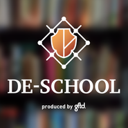 DE−SCHOOLのアイコン。盾を表象したDEを扉にも見立て、その奥には学びのネットワークが広がっていることを表象しています。